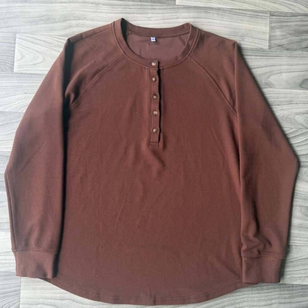 Y2K Brown Waffle Knit Henley Longsleeve Size L